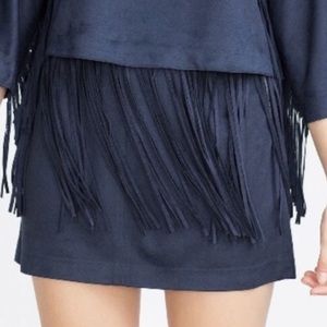 Zara TRF blue suede fringe skirt